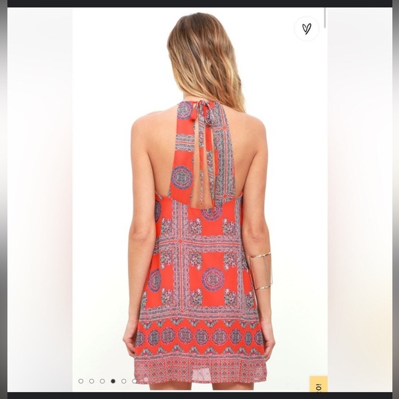 LuLu’s Social Philosophy Coral Red Boho Print Halter Back Tie Mini Dress•X-Small - Picture 2 of 8